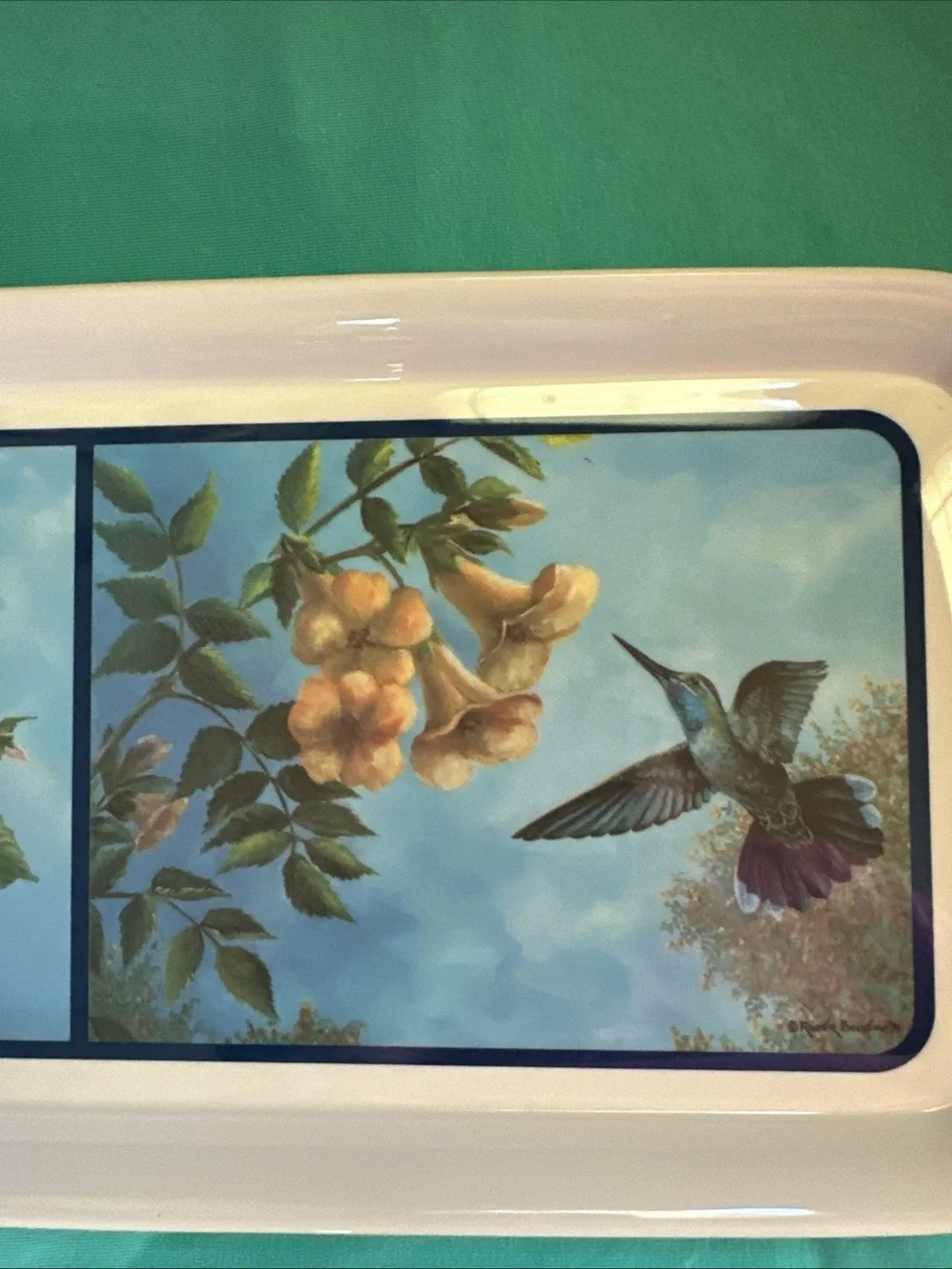 Hummingbird melamine Serving Tray in Teal and White 14.5”x6”